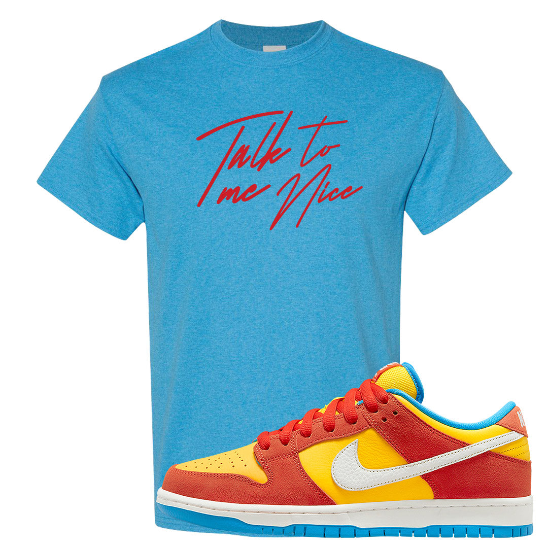 Habanero Red Gold Blue Low Dunks T Shirt | Talk To Me Nice, Heather Sapphire