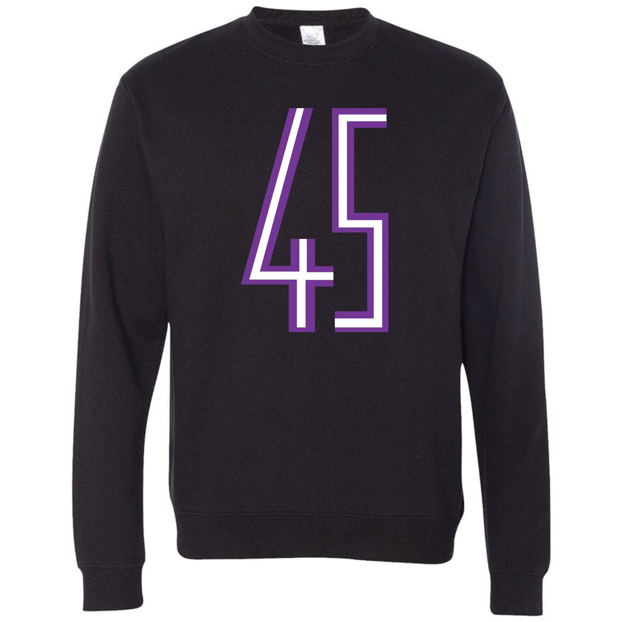 Printed on the front of the Jordan 11 Concord 45 sneaker matching crewneck sweatshirt is the 45 logo in purple and white