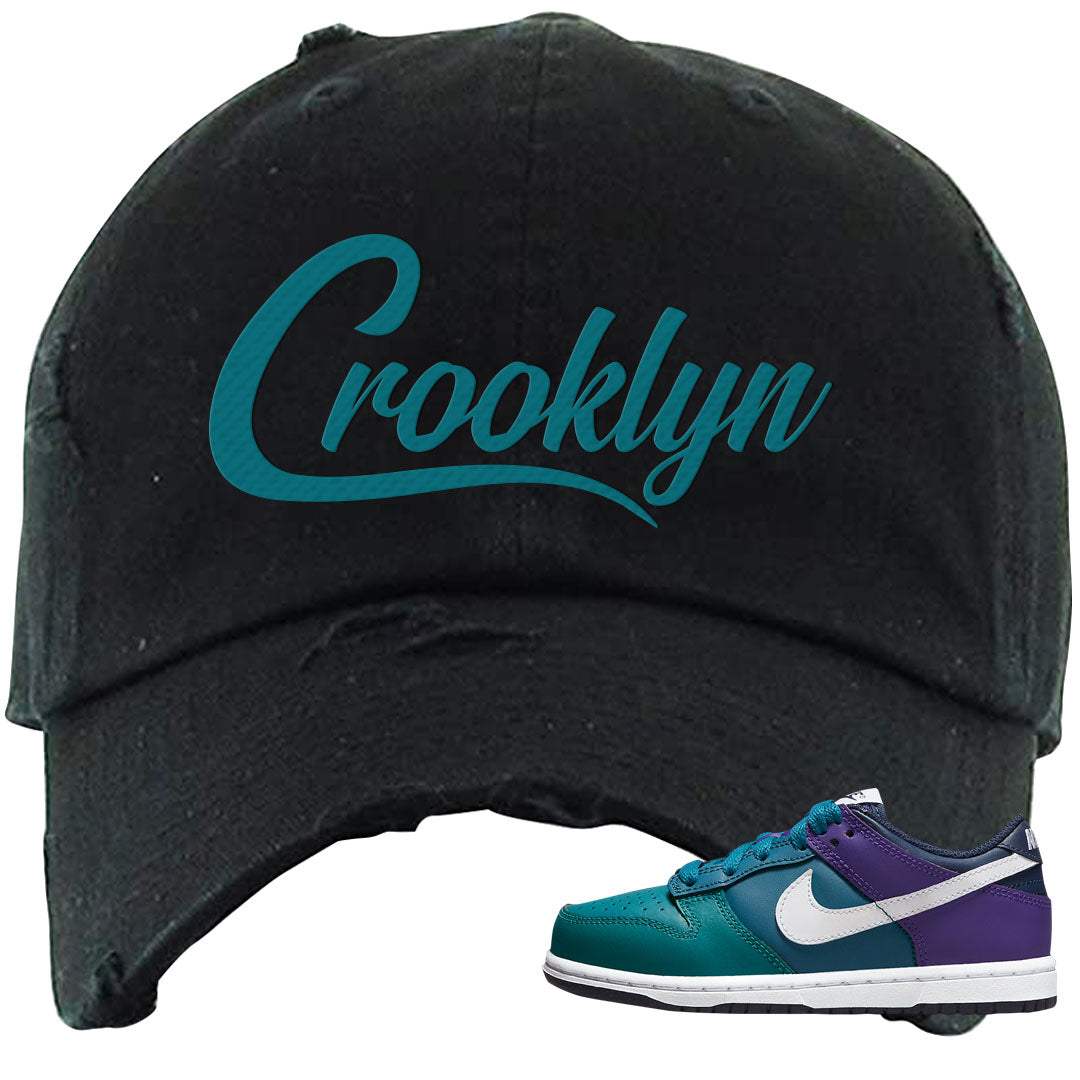 Teal Purple Low Dunks Distressed Dad Hat | Crooklyn, Black