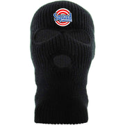 Embroidered on the forehead of the black squad ski mask is the squad logo in red, white, and blue