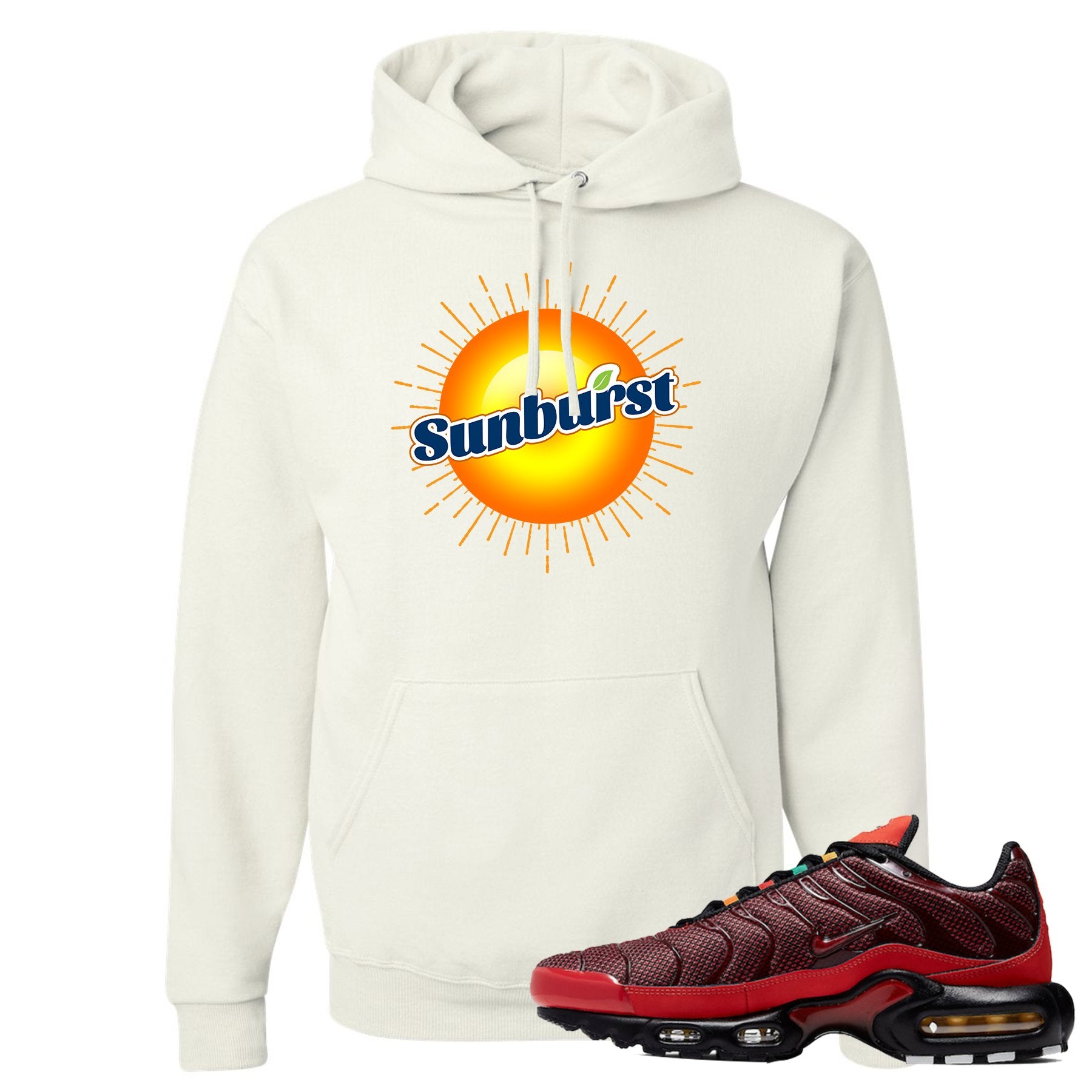 printed on the front of the air max plus sunburst sneaker matching white pullover hoodie is the sunbrust soda logo