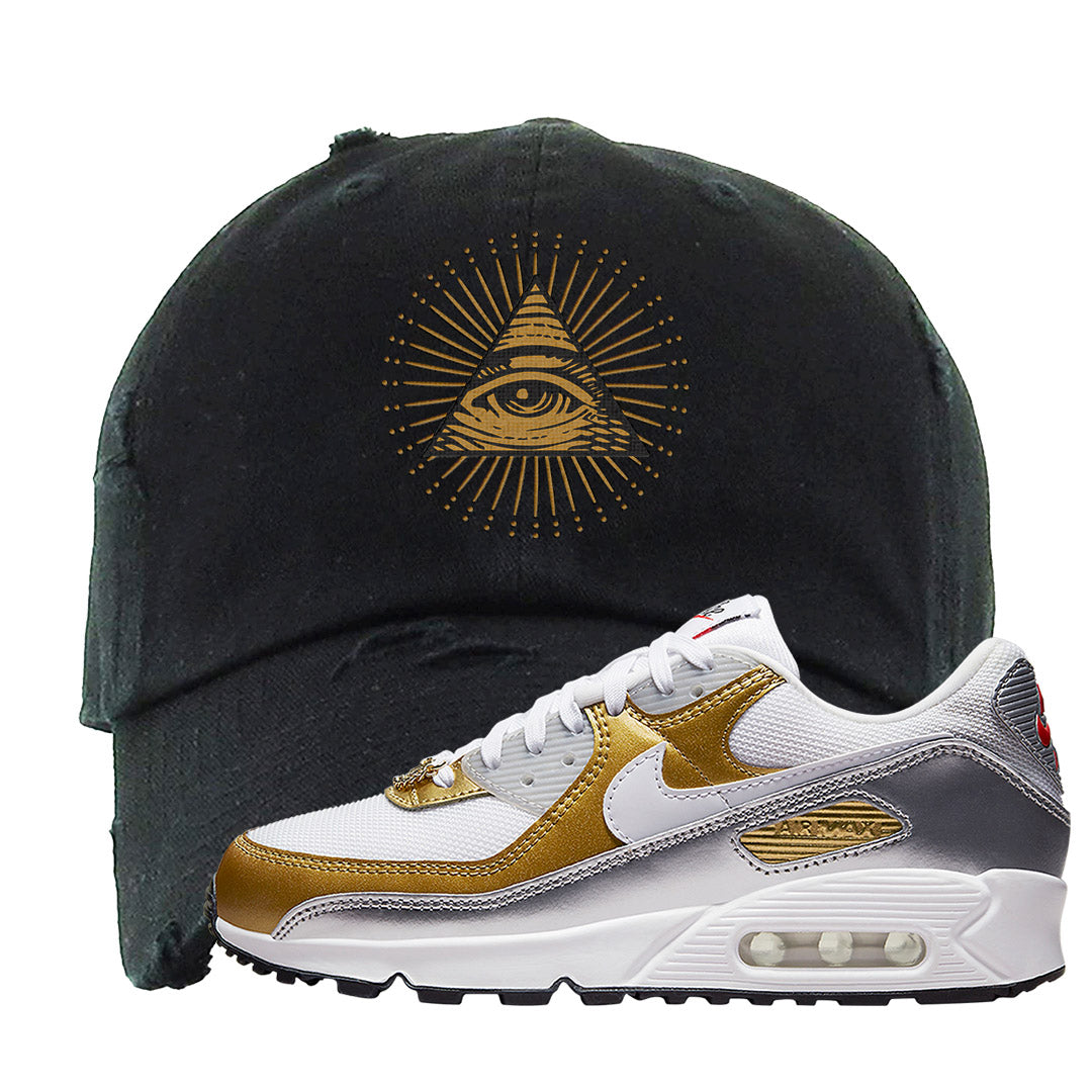 Gold Silver 90s Distressed Dad Hat | All Seeing Eye, Black