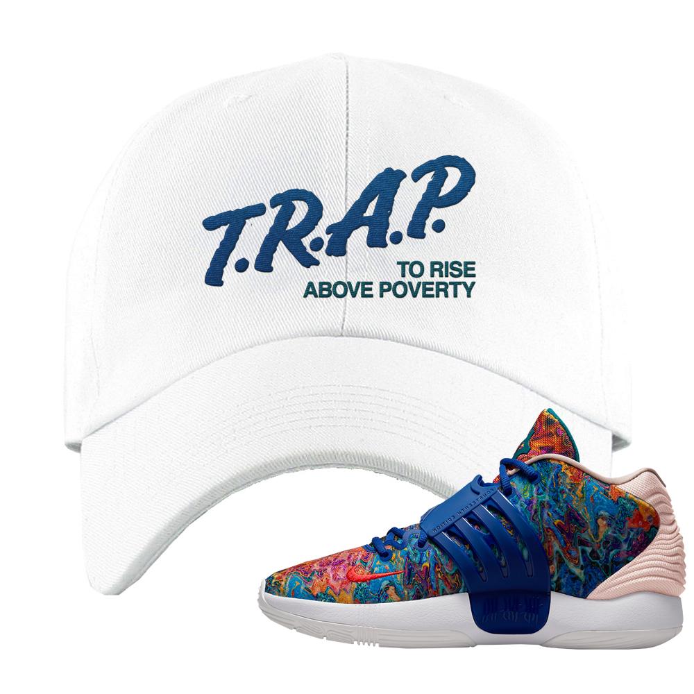 Deep Royal KD 14s Dad Hat | Trap To Rise Above Poverty, White