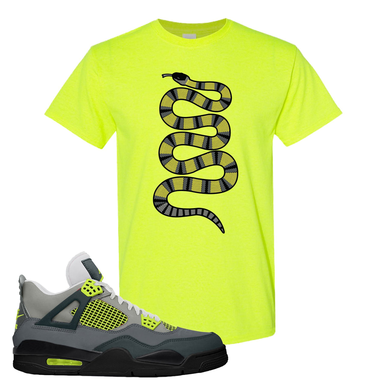 Jordan 4 Neon Sneaker Safety Green T Shirt | Tees to match Nike Air Jordan 4 Neon Shoes | Coiled Snake