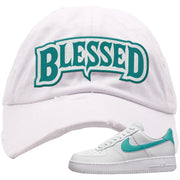 Washed Teal Low 1s Distressed Dad Hat | Blessed Arch, White