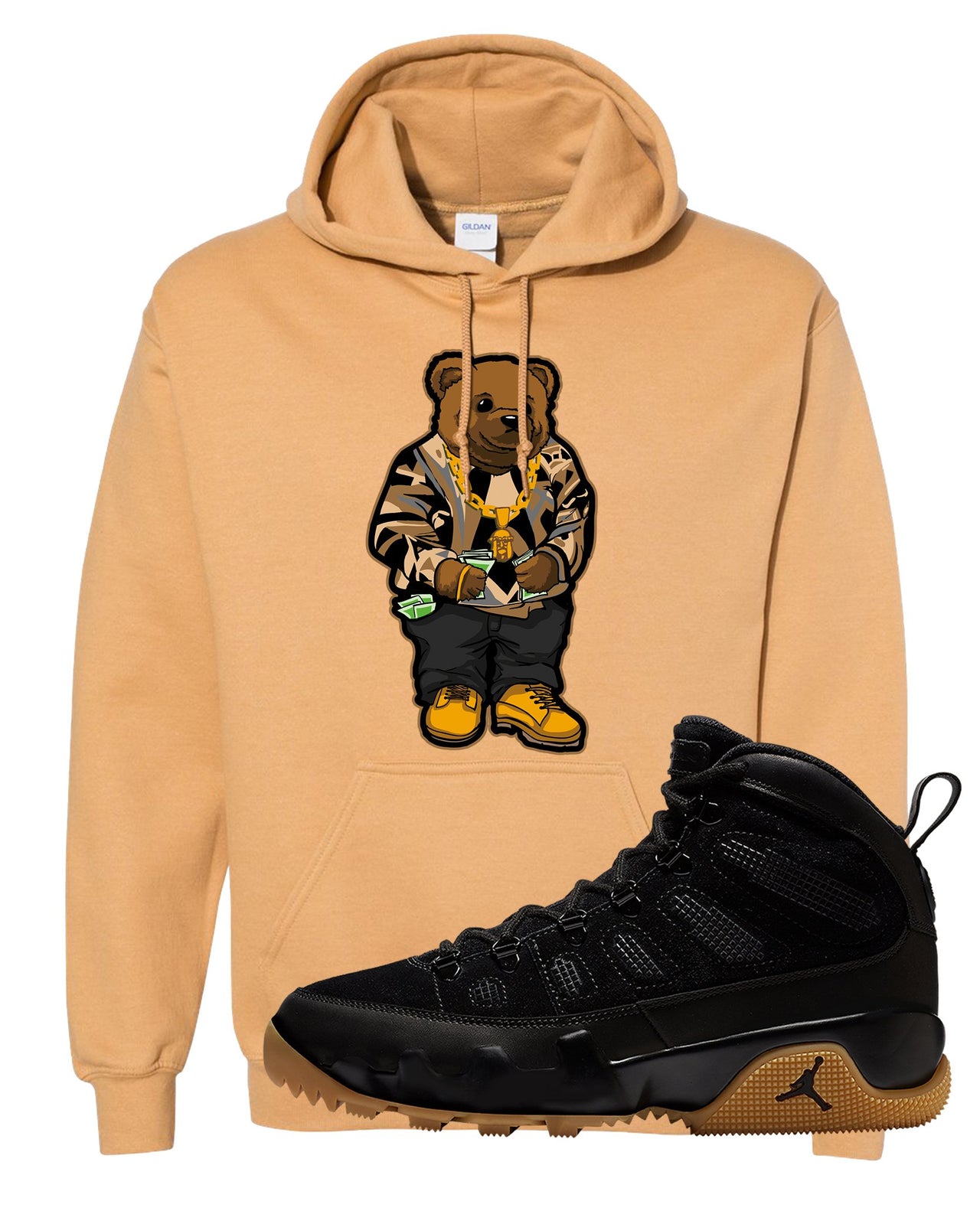 NRG Black Gum Boot 9s Hoodie | Sweater Bear, Old Gold