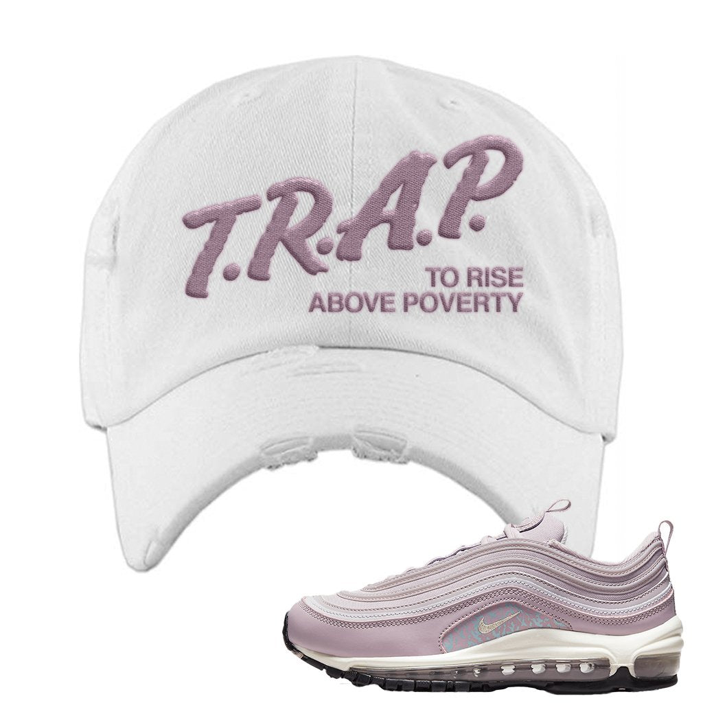 Pastel Purple 97s Distressed Dad Hat | Trap To Rise Above Poverty, White