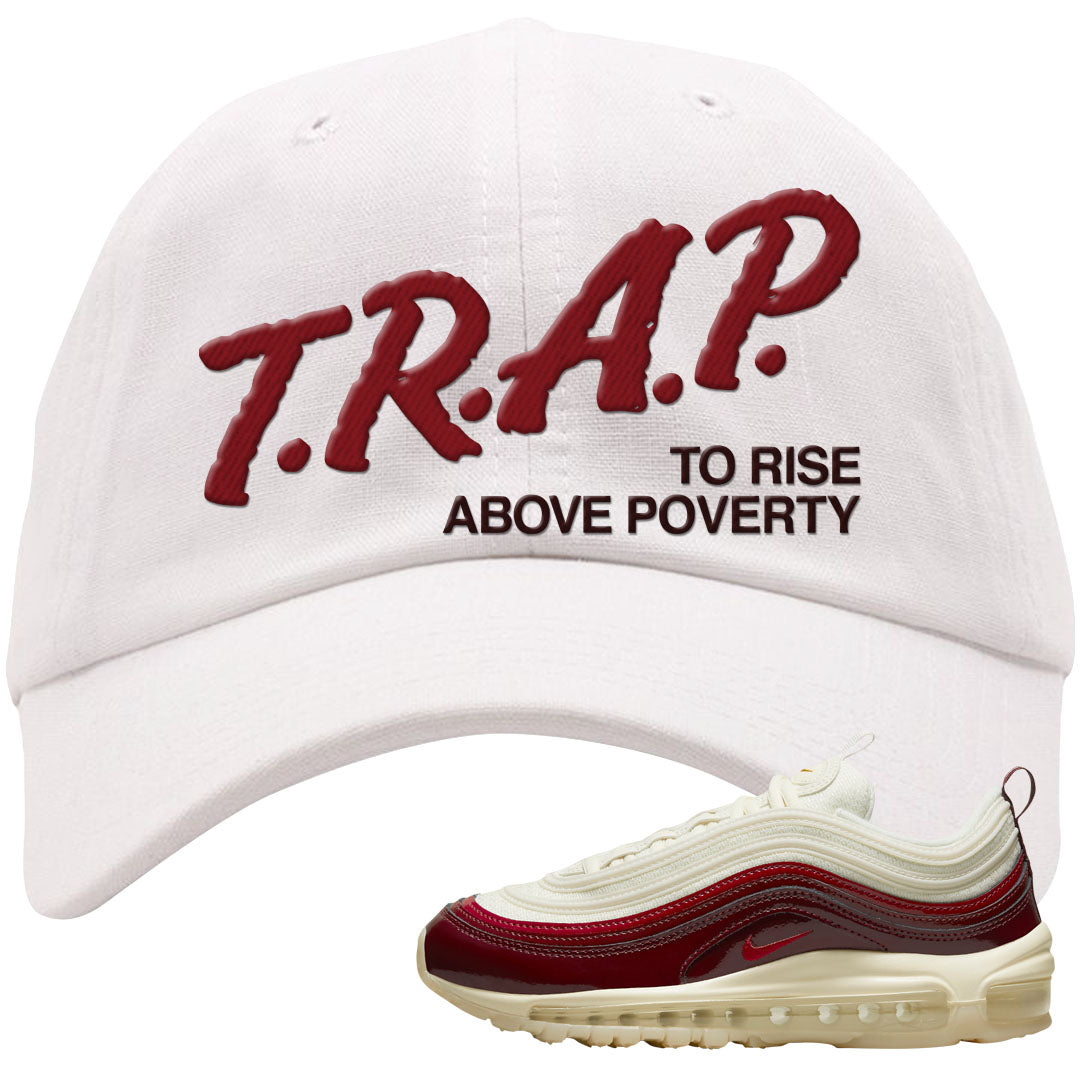 Dark Beetroot 97s Dad Hat | Trap To Rise Above Poverty, White
