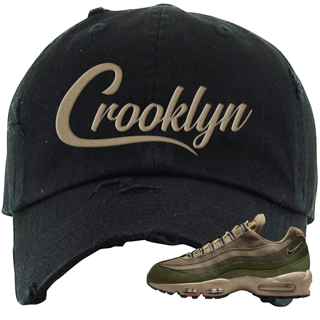 Medium Olive Rough Green 95s Distressed Dad Hat | Crooklyn, Black