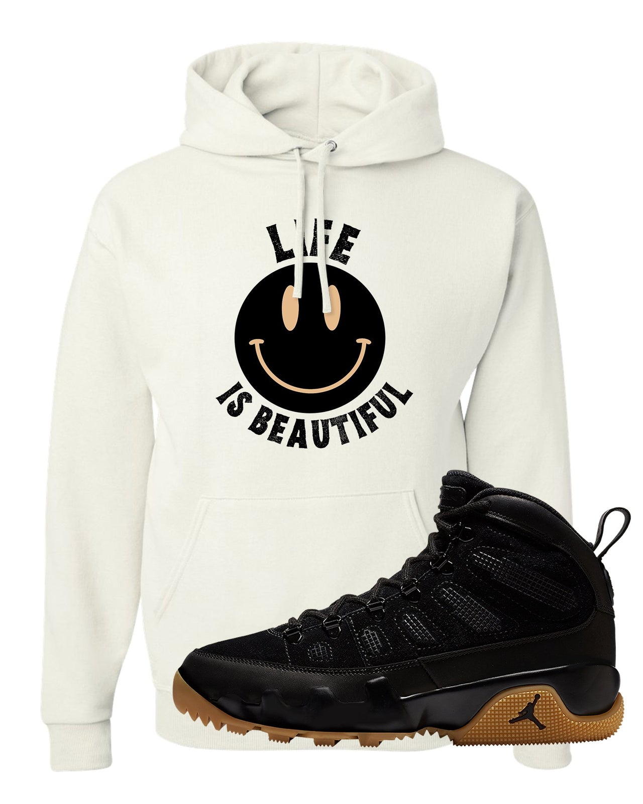 NRG Black Gum Boot 9s Hoodie | Smile Life Is Beautiful, White
