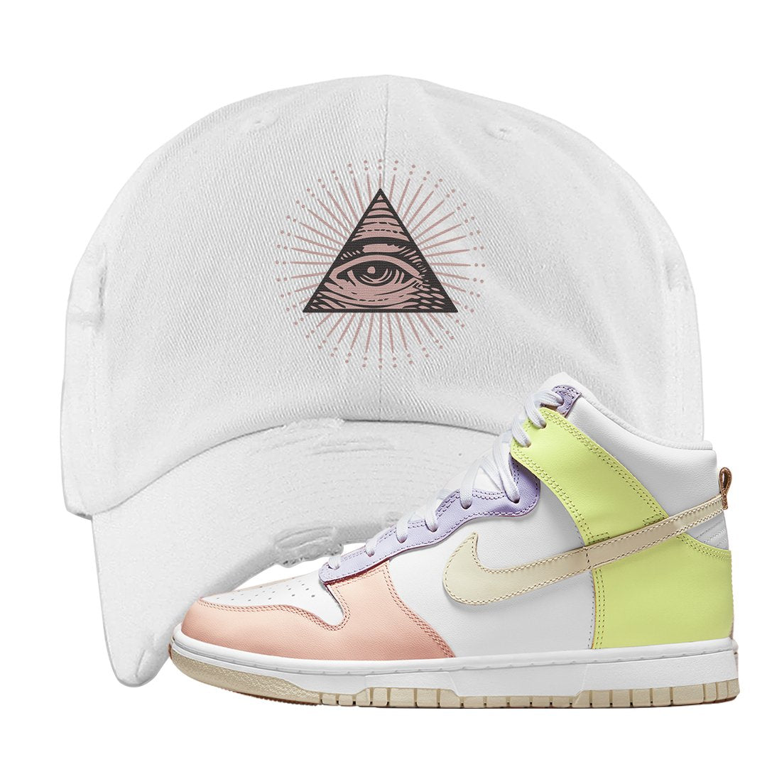 Cashmere High Dunks Distressed Dad Hat | All Seeing Eye, White