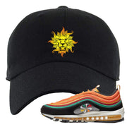 Embroidered on the front of the Air Max 97 Sunburst sneaker matching black dad hat is the Vintage Lion Head logo