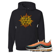 Printed on the front of the Air Max 97 Sunburst black sneaker matching pullover hoodie is the Vintage lion head logo