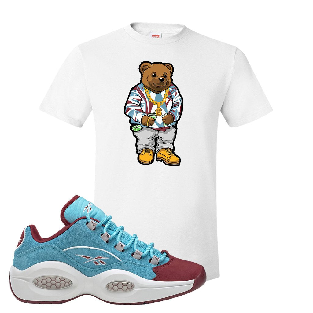 Maroon Light Blue Question Lows T Shirt | Sweater Bear, White