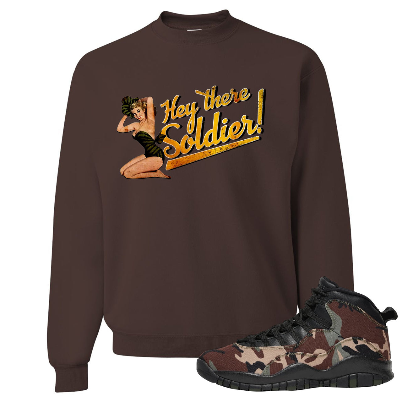 Woodland Camo 10s Crewneck Sweatshirt | Hey There Soldier, Chocolate