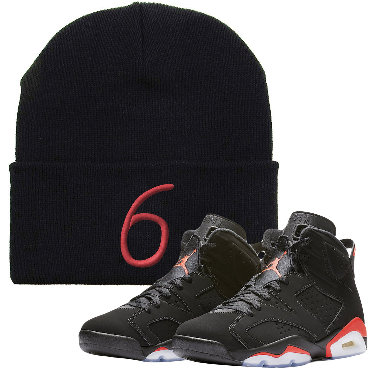 The Jordan 6 Infrared Beanie is custom designed to perfectly match the retro Jordan 6 Infrared sneakers from Nike.