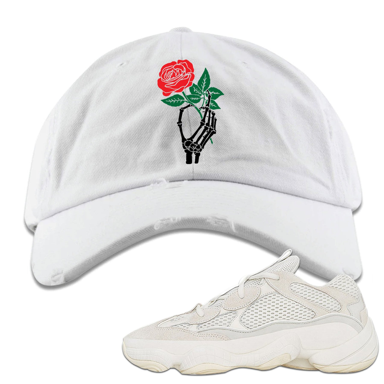 Bone White 500s Distressed Dad Hat | Skeleton Hand Rose, White