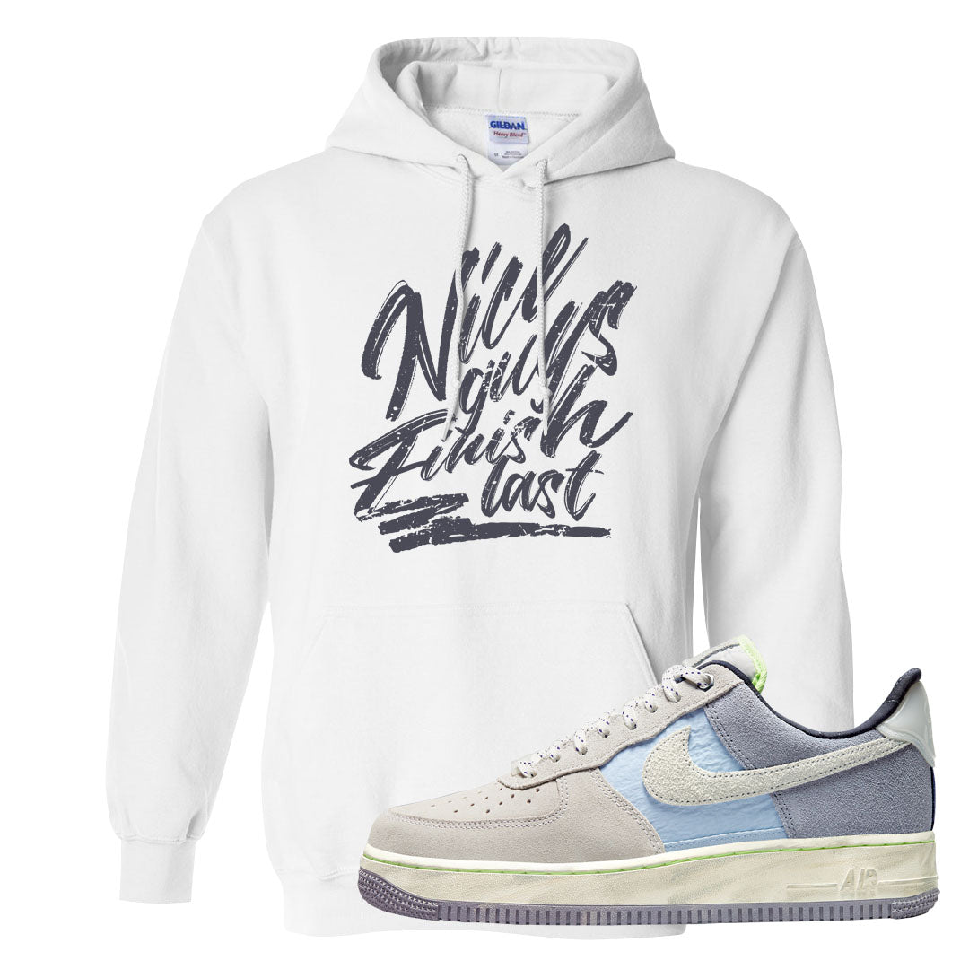 Womens Mountain White Blue AF 1s Hoodie | Nice Guys Finish Last, White