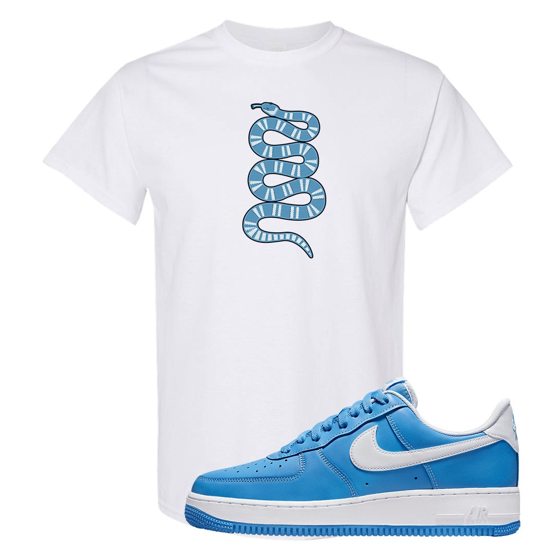 University Blue Low AF1s T Shirt | Coiled Snake, White