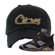 Bordeaux 6s Distressed Dad Hat | Chiraq, Black