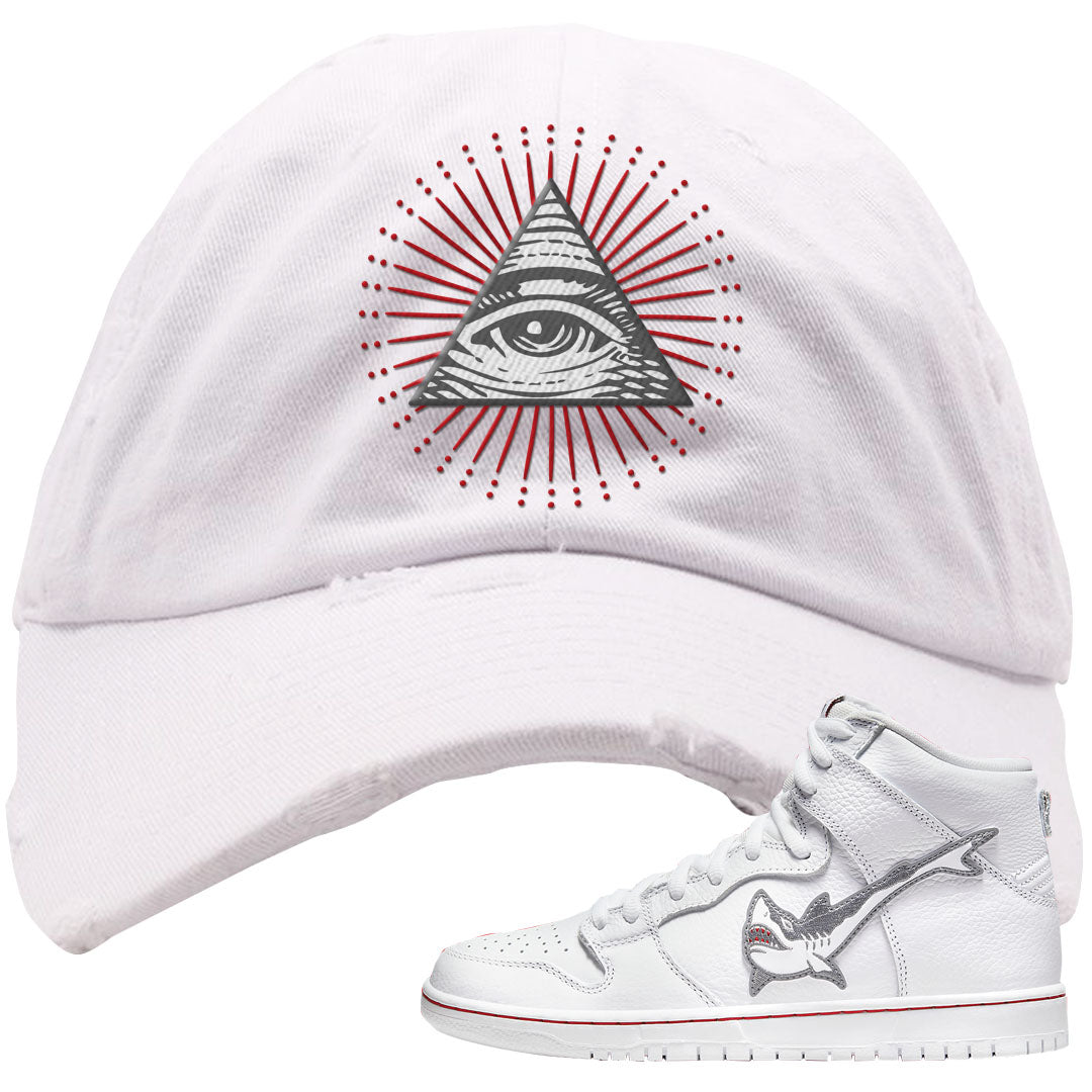 Shark High Dunks Distressed Dad Hat | All Seeing Eye, White