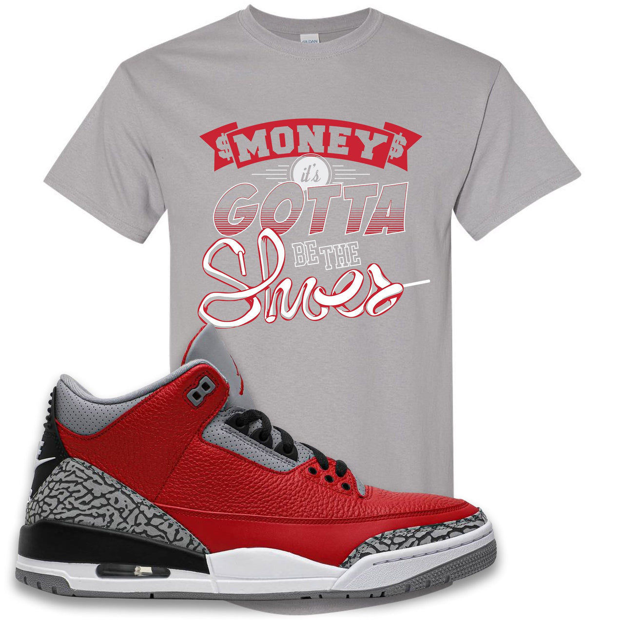 Jordan 3 Red Cement Chicago All-Star Sneaker Gravel T Shirt | Tees to match Jordan 3 All Star Red Cement Shoes | Money Its The Shoes