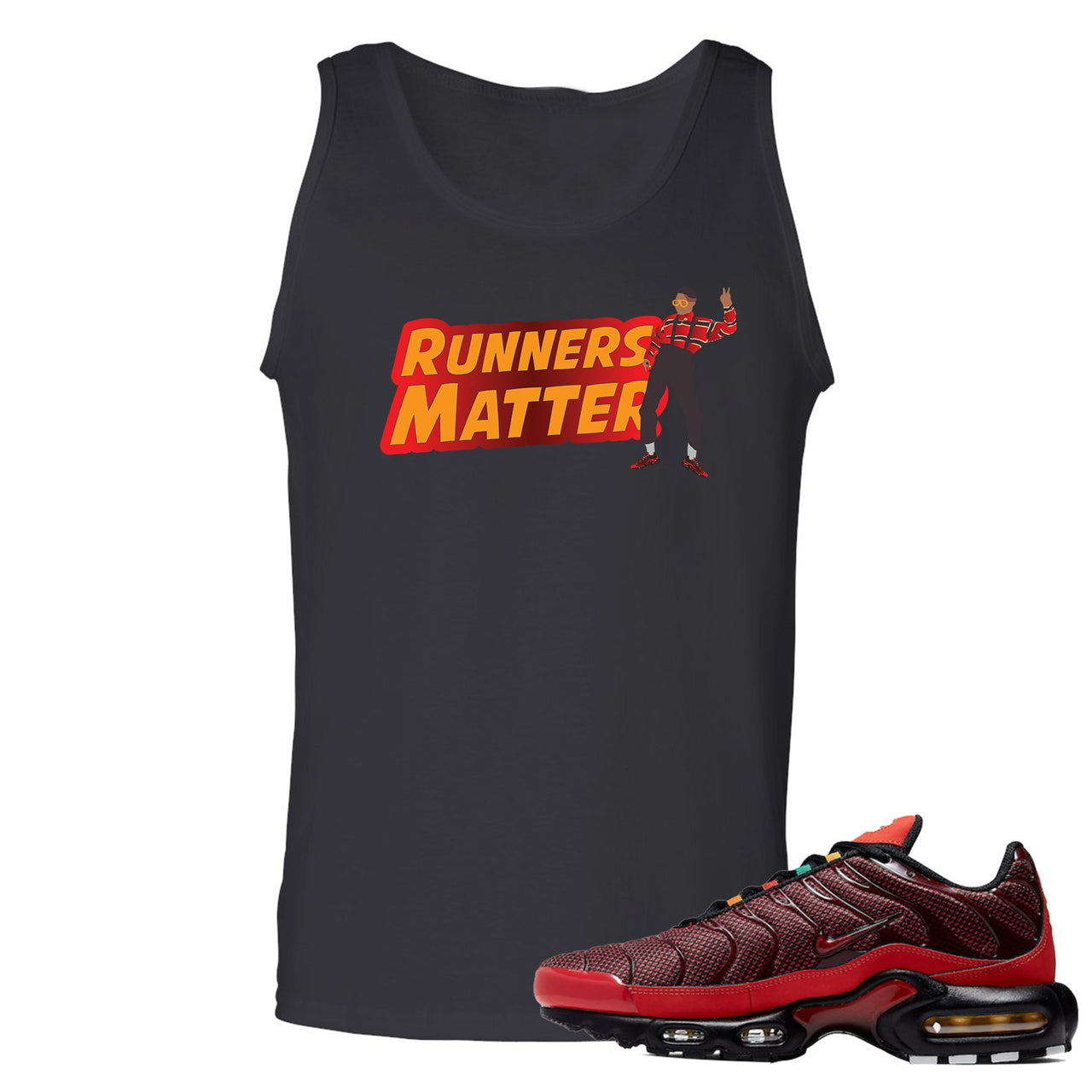 printed on the front of the air max plus sunburst sneaker matching black tank top is the runners matter logo