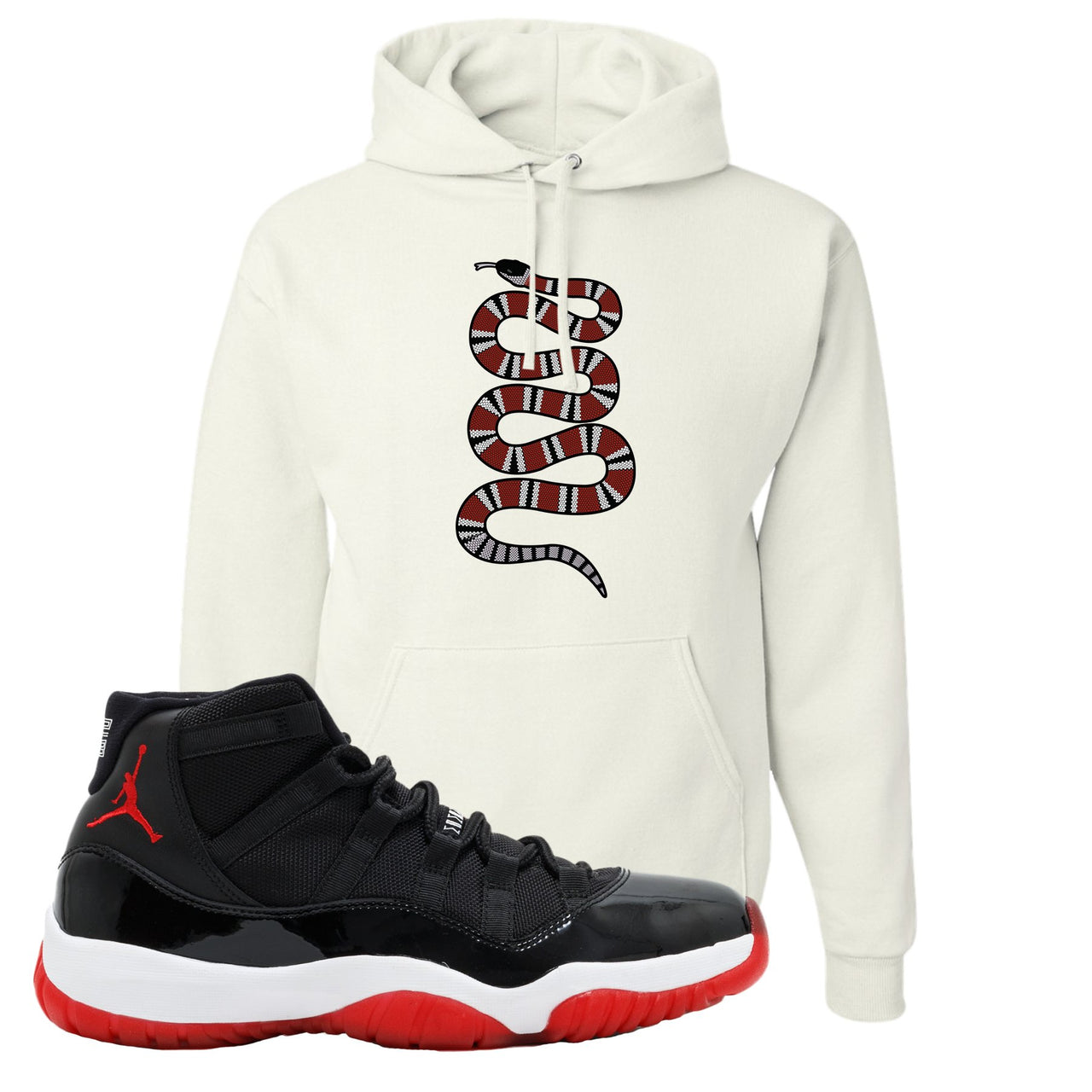 Jordan 11 Bred Coiled Snake White Sneaker Hook Up Pullover Hoodie