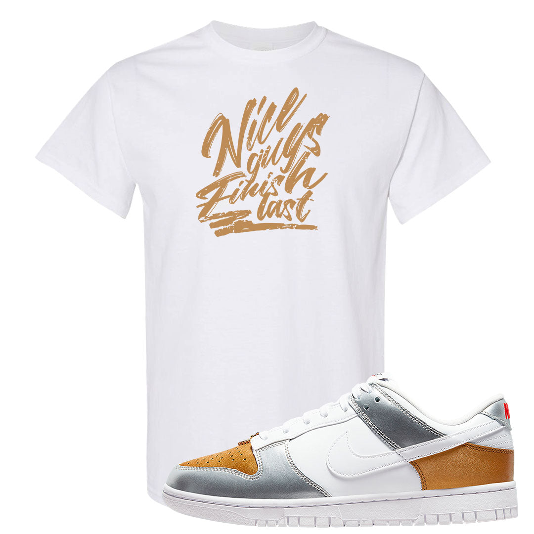 Gold Silver Red Low Dunks T Shirt | Nice Guys Finish Last, White