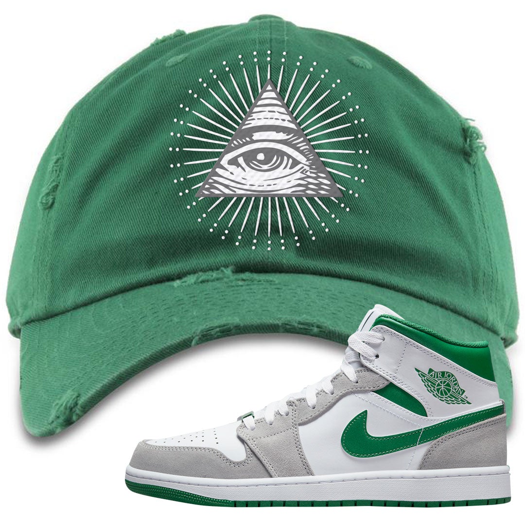 Light Smoke Pine Green Mid 1s Distressed Dad Hat | All Seeing Eye, Kelly Green