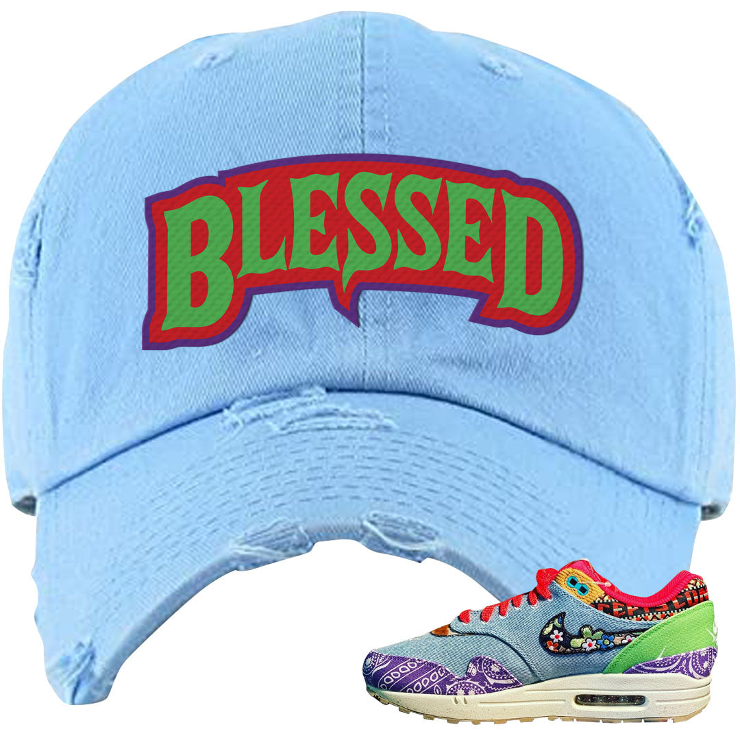 Bandana Paisley Max 1s Distressed Dad Hat | Blessed Arch, Light Blue