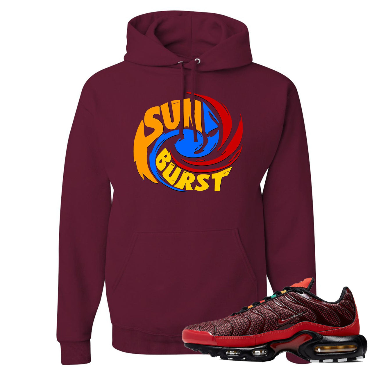 printed on the front of the air max plus sunburst sneaker matching maroon pullover hoodie is the sunburst hurricane logo