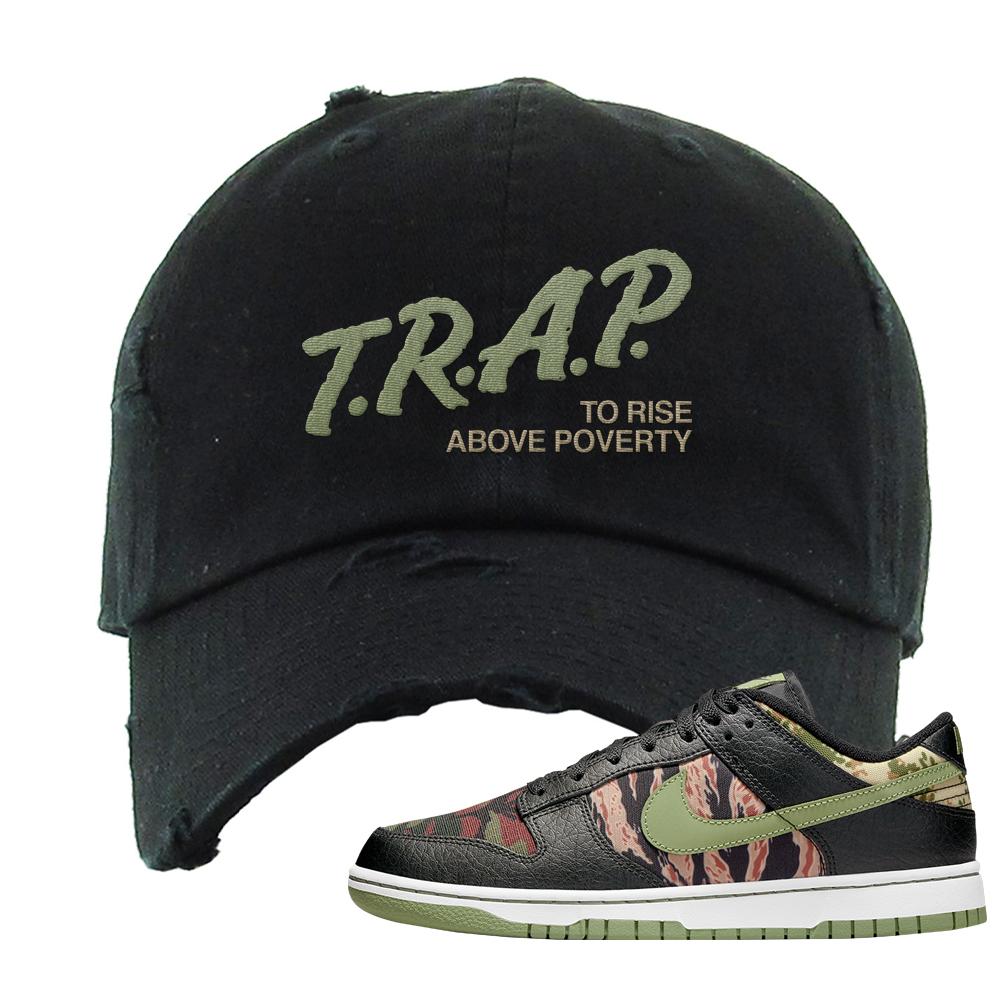 Multi Camo Low Dunks Distressed Dad Hat | Trap To Rise Above Poverty, Black