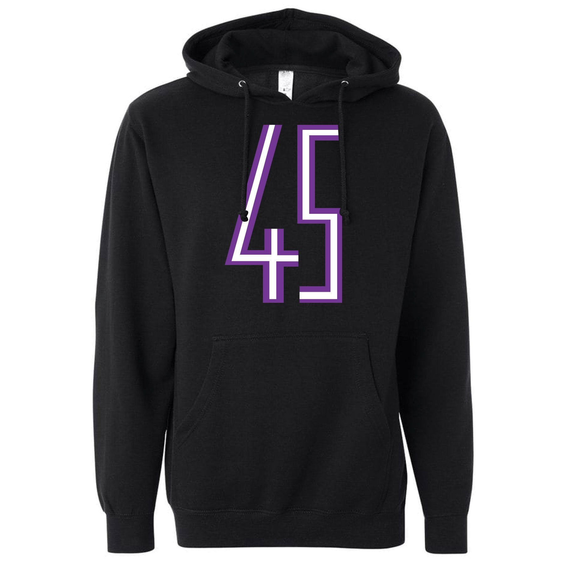 Printed on the front of the Jordan 11 Concord 45 sneaker matching black pullover is the 45 logo printed in white and purple