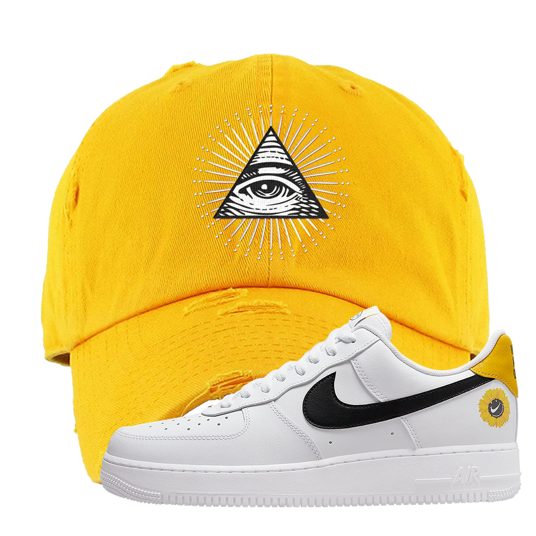 Have A Nice Day AF1s Distressed Dad Hat | All Seeing Eye, Gold