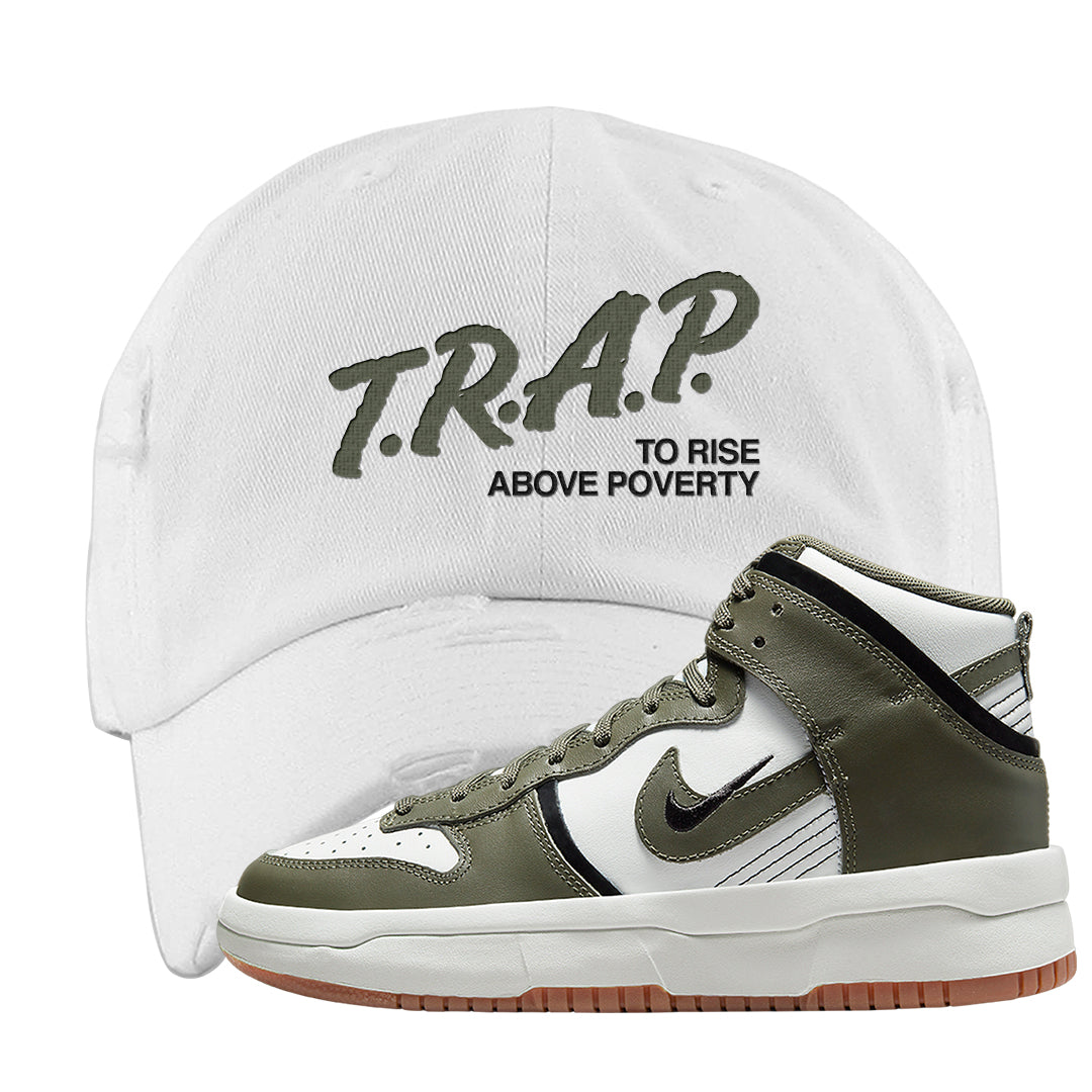 Cargo Khaki Rebel High Dunks Distressed Dad Hat | Trap To Rise Above Poverty, White