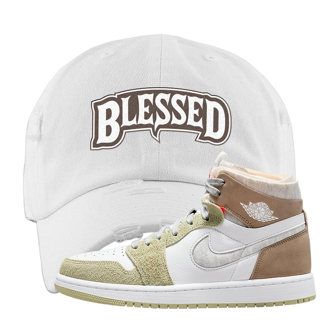 Zoom CMFT Olive Aura 1s Distressed Dad Hat | Blessed Arch, White