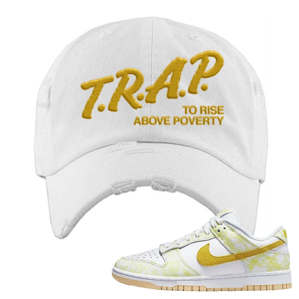 Yellow Strike Low Dunks Distressed Dad Hat | Trap To Rise Above Poverty, White
