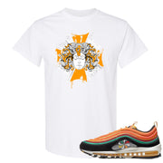 Printed on the front of the Air Max 97 Sunburst white sneaker matching t-shirt is the Medusa Sunburst logo