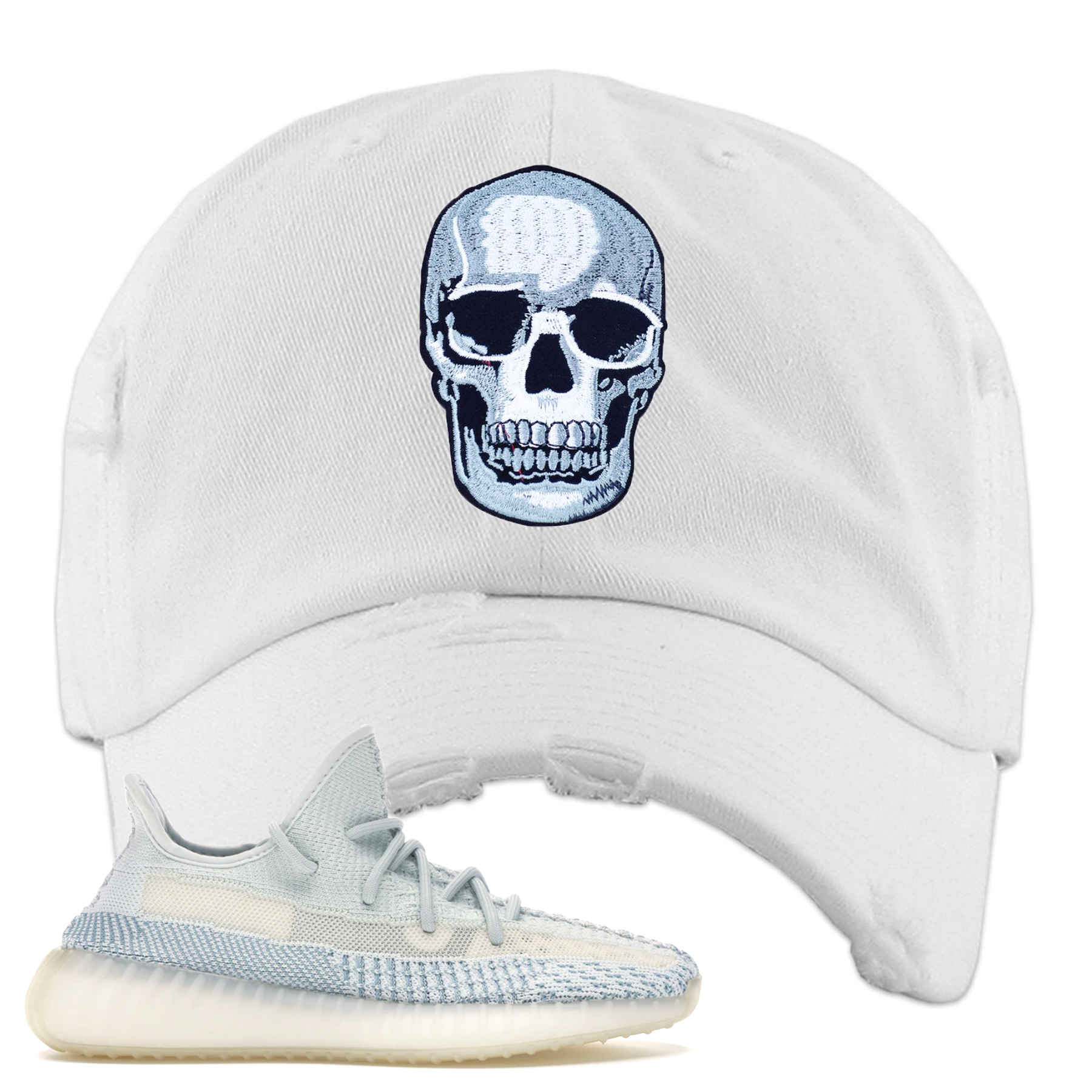 Yeezy Boost 350 V2 Cloud White Non-Reflective Skull Sneaker Matching White Distressed Dad Hat