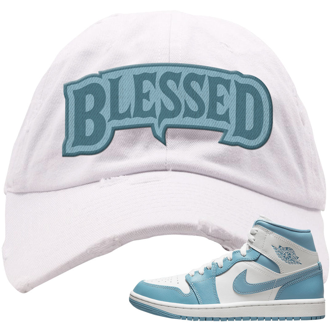 University Blue Mid 1s Distressed Dad Hat | Blessed Arch, White