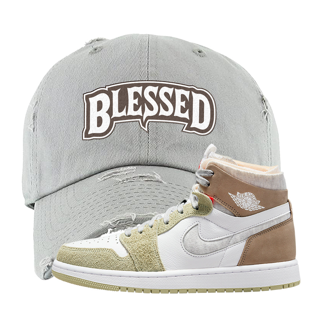 Zoom CMFT Olive Aura 1s Distressed Dad Hat | Blessed Arch, Light Gray
