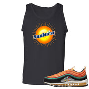 Printed on the front of the Air Max 97 Sunburst black sneaker matching tank top is the sunburst soda logo