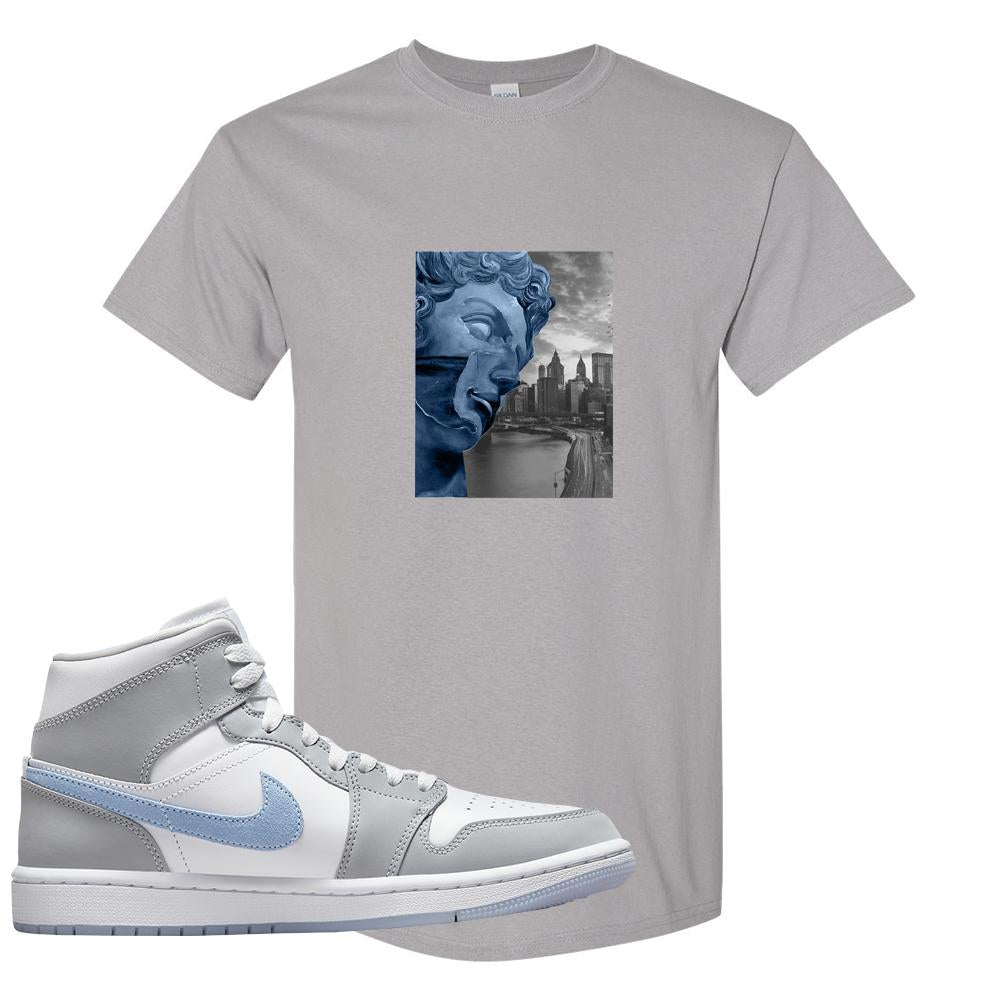 Air Jordan 1 Mid Grey Ice Blue T Shirt | Miguel, Gravel