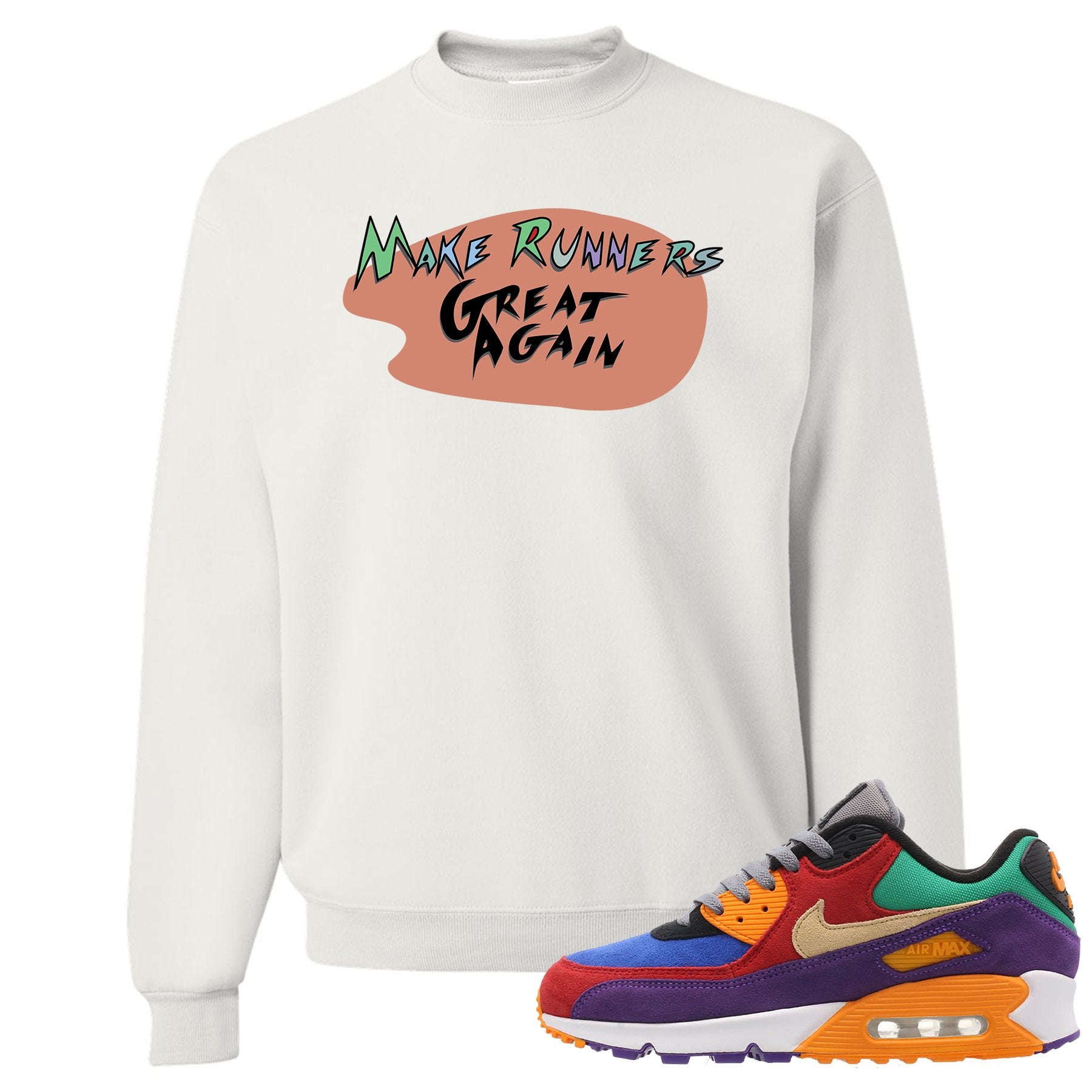 Printed on the front of the Air Max 97 Viotech white sneaker matching crewneck sweatshirt is the Make Runners Great Again logo