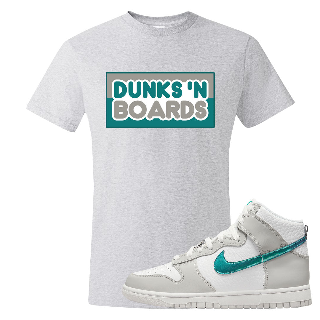 White Grey Turquoise High Dunks T Shirt | Dunks N Boards, Ash