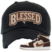 Brown Fleece Mid 1s Distressed Dad Hat | Blessed Arch, Black