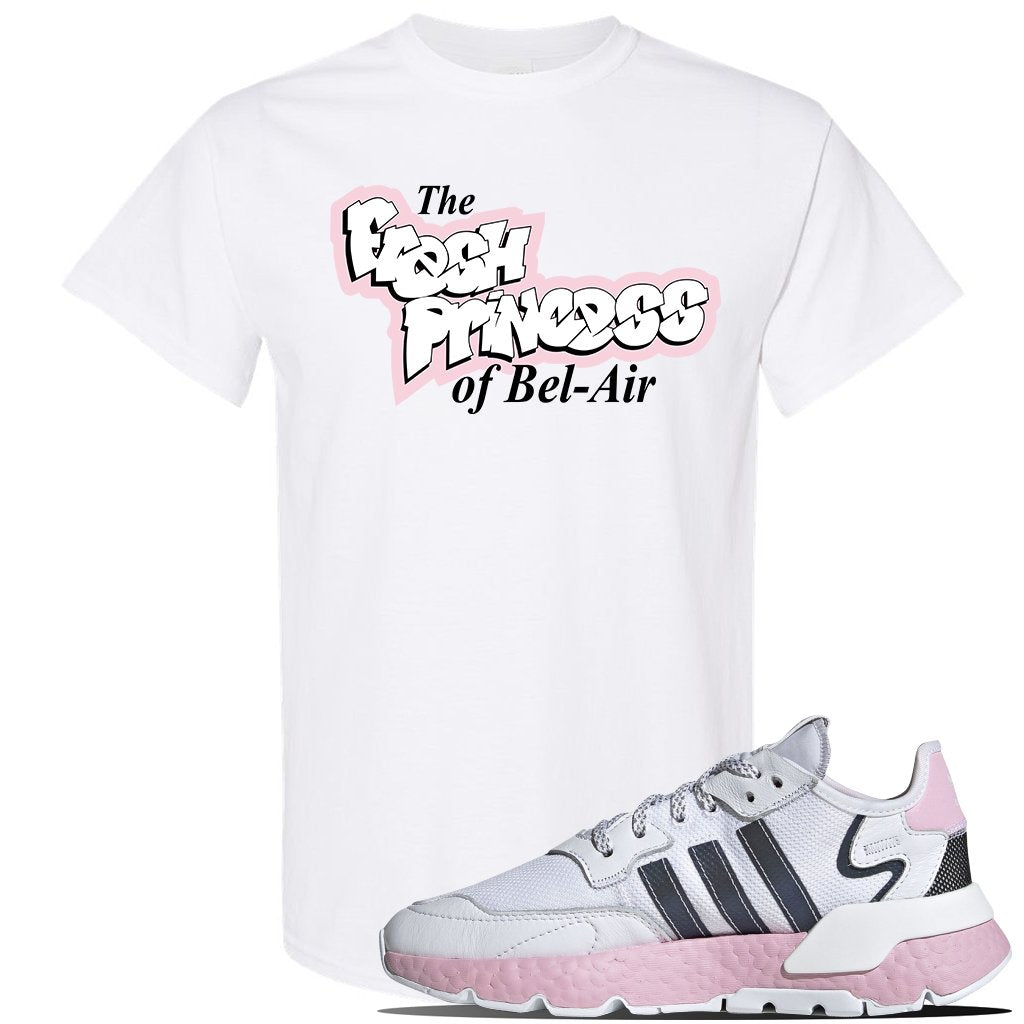 WMNS Nite Jogger Pink Boost Sneaker White T Shirt | Tees to match Adidas WMNS Nite Jogger Pink Boost Shoes | Fresh Princess Of Bel Air