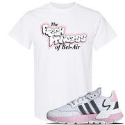 WMNS Nite Jogger Pink Boost Sneaker White T Shirt | Tees to match Adidas WMNS Nite Jogger Pink Boost Shoes | Fresh Princess Of Bel Air