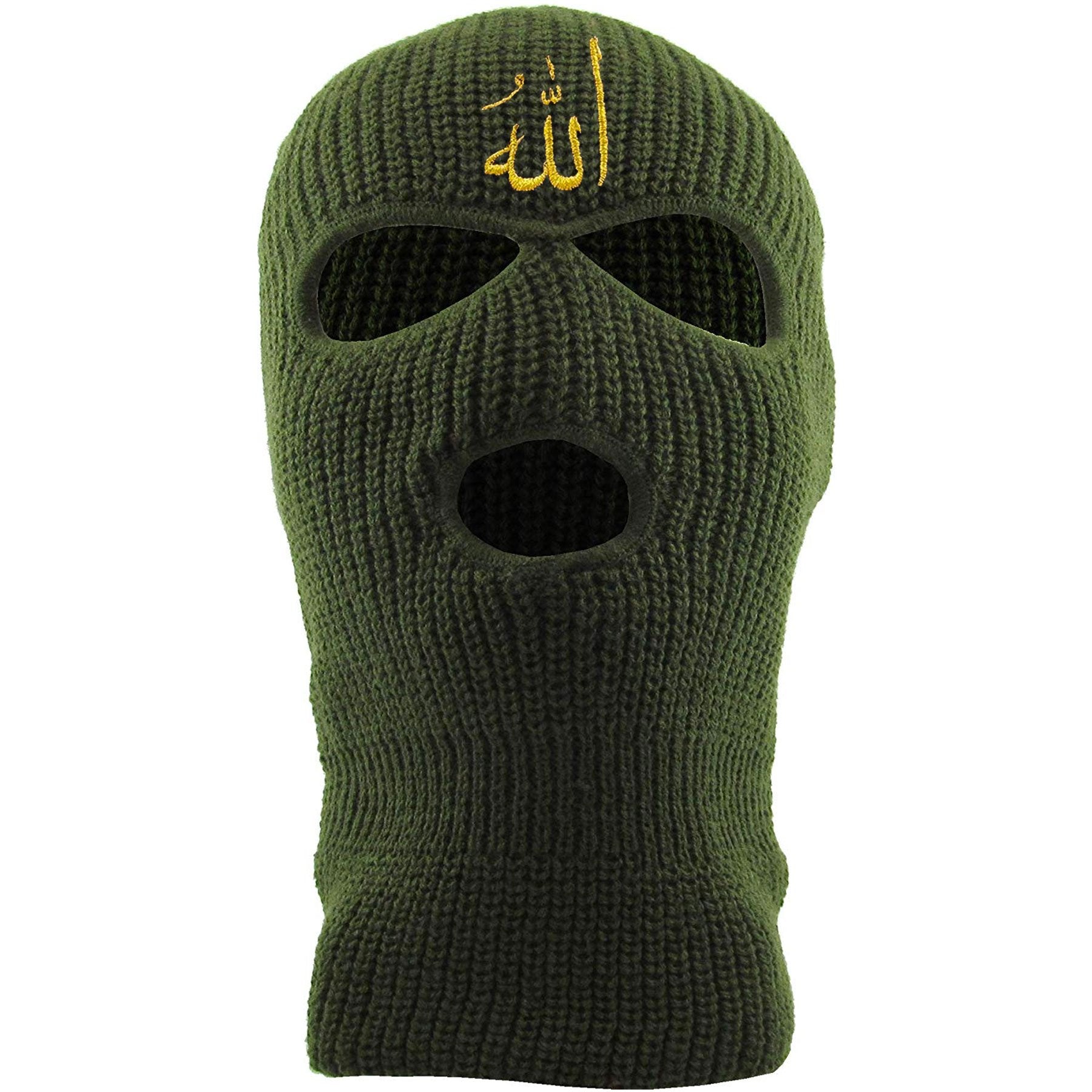 Embroidered on the front of the olive Allah ski mask is the arabic writing for the word allah